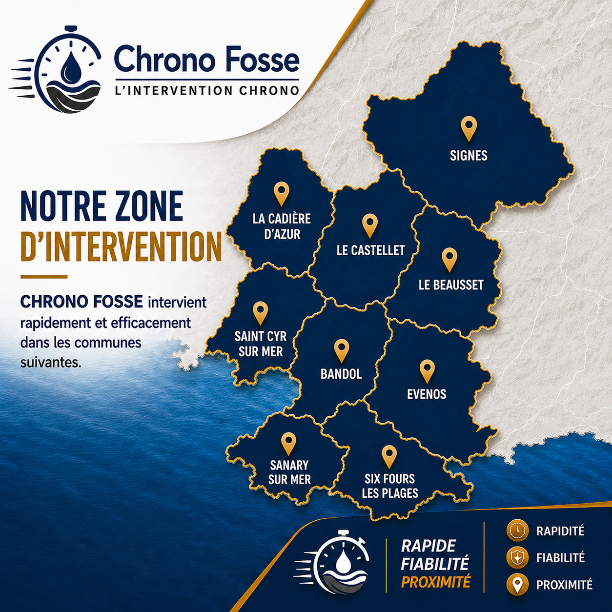 assainissement Le Beausset Carte des zones d'intervention de Chrono Fosse dans le département.